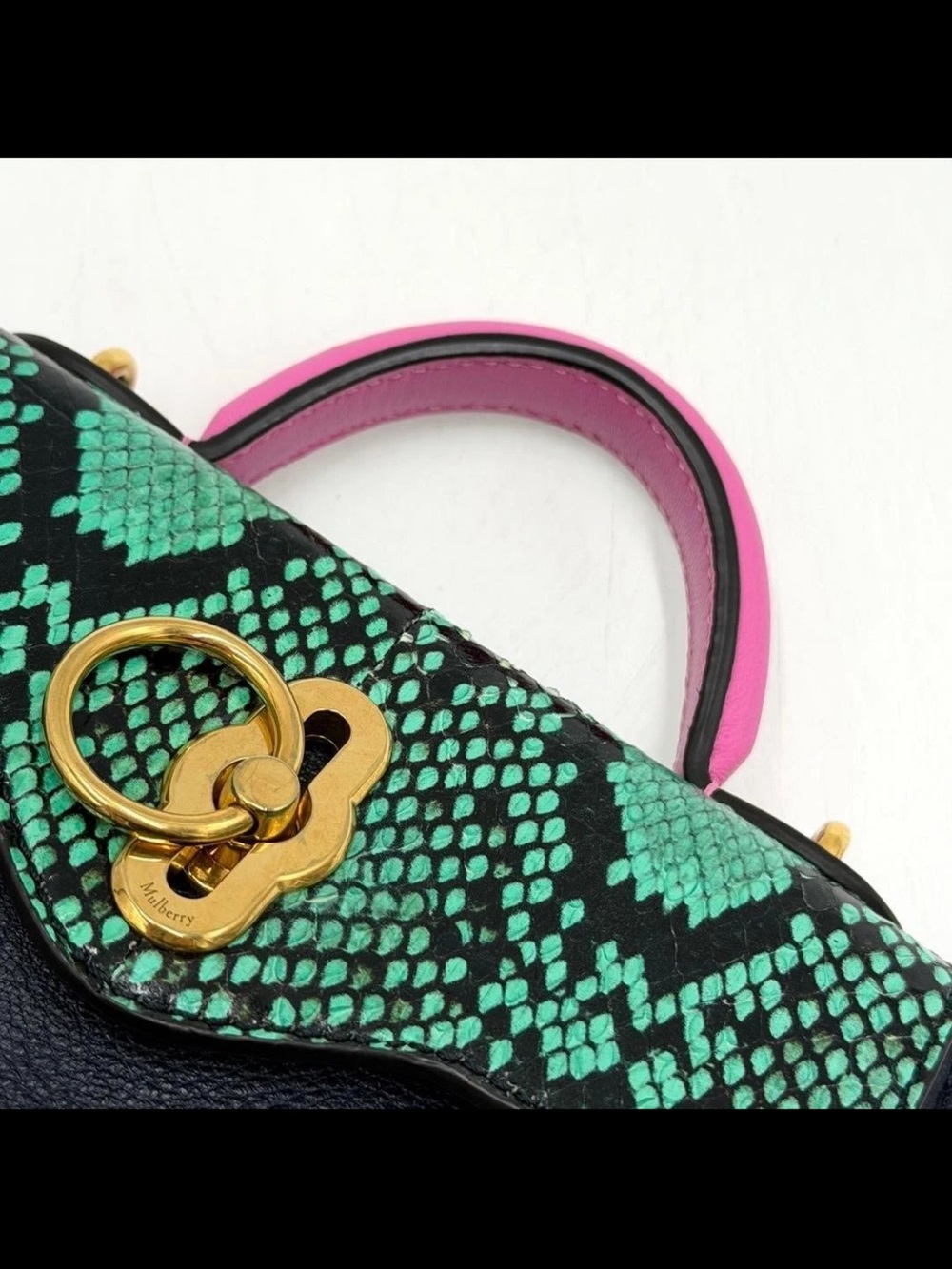 Mulberry Navy Leather Satchel with Green Snake-Print Flap & Raspberry Handle - Picture 10 of 16